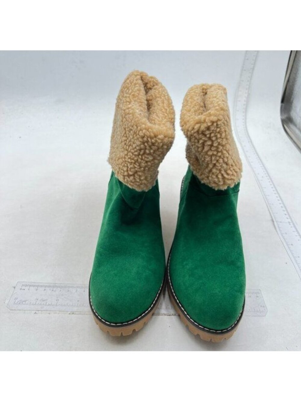 Green Winter Boots Comfortable Slip On Chunky Heel Suede Warm Snow Ankle Boots - Picture 2 of 7